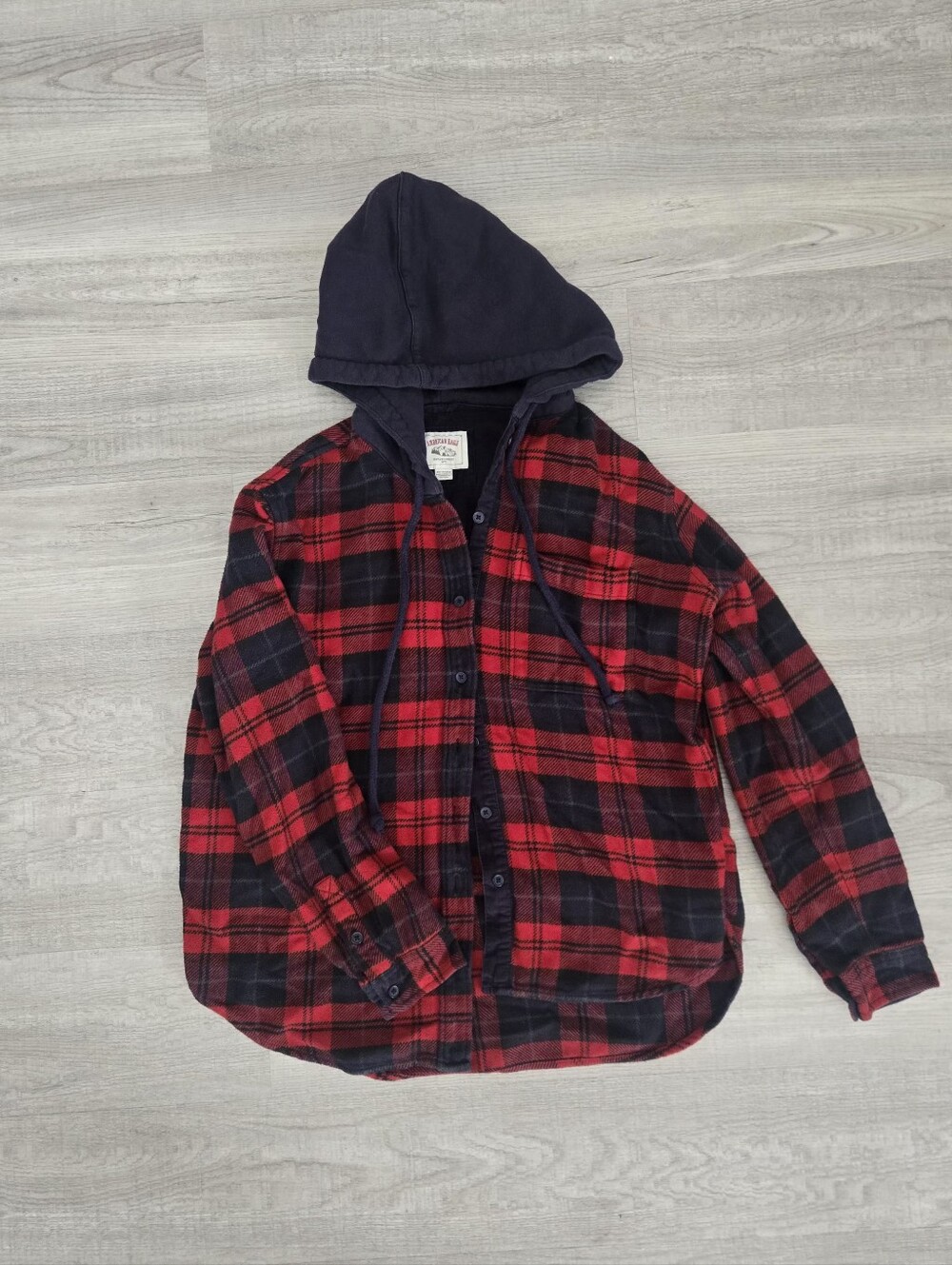 American Eagle Outfitters Red and Black Plaid Hooded Button-Down Shirt